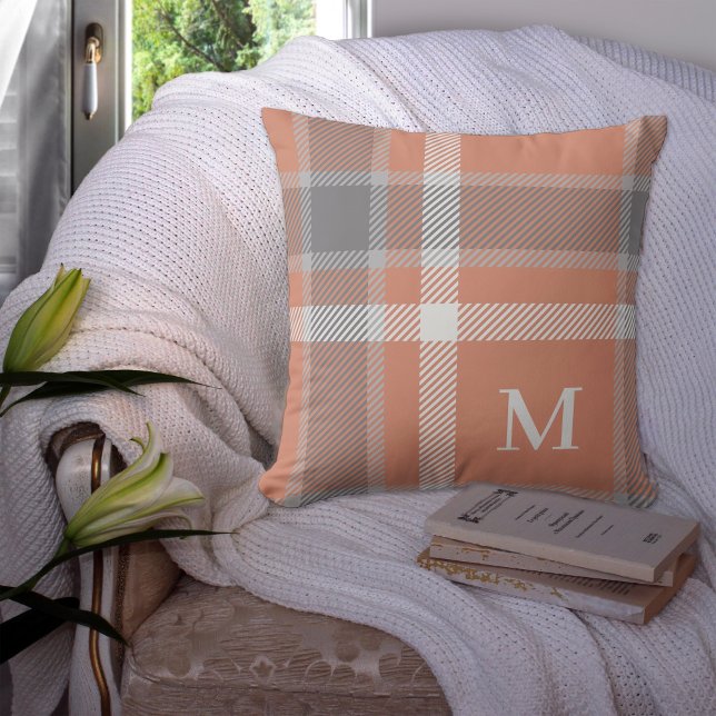 Terracotta Tartan Plaid with Monogram Throw Pillow (Creator Uploaded)
