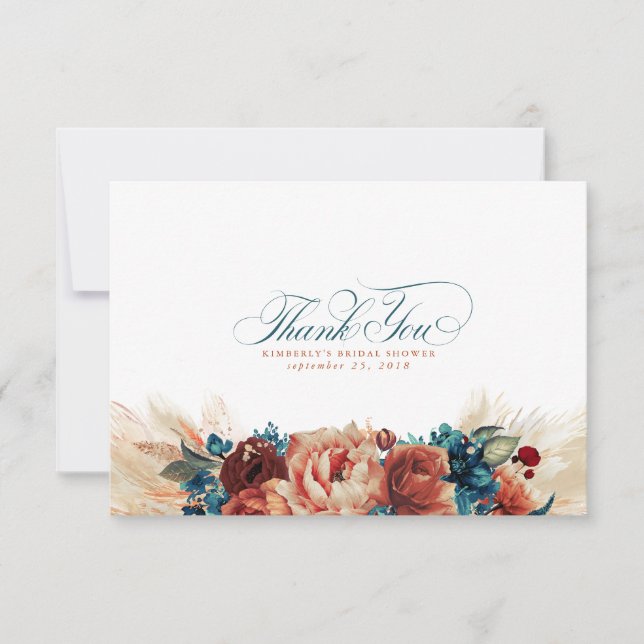 Terracotta Teal Blue Floral Boho Small Thank You Card (Front)