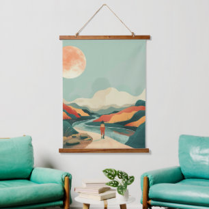 Terracotta Teal Boho River Mountain Journey Hanging Tapestry