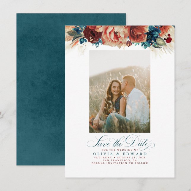 Terracotta Teal Floral Save The Date Photo (Front/Back)