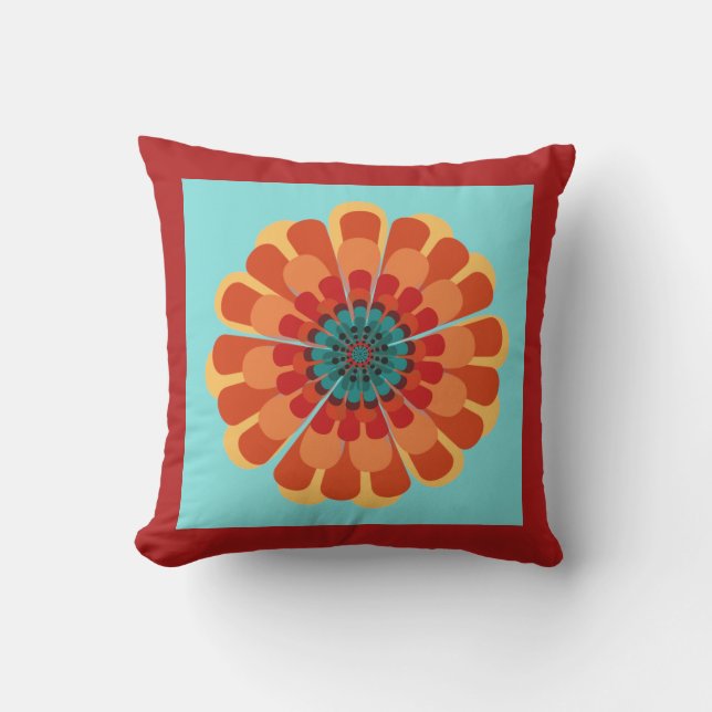 Terracotta & Teal Flower with Red Orange Border Throw Pillow (Front)