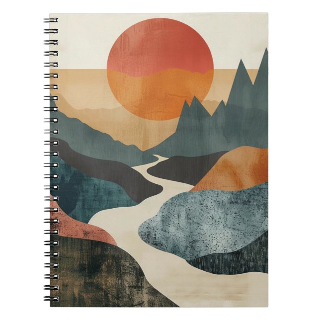 Terracotta Teal Mountain Sunset River Landscape Notebook (Front)