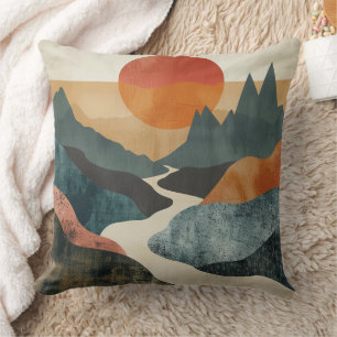 Terracotta Teal Mountain Sunset River Landscape Throw Pillow
