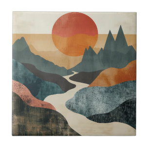 Terracotta Teal Mountain Sunset River Landscape Tile