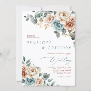 Terracotta Teal Neutral Watercolor floral wedding Invitation