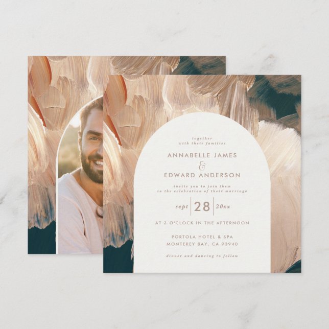 Terracotta  teal painterly modern arch 1 photo sav save the date (Front/Back)