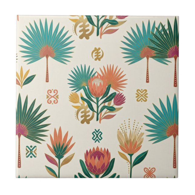 Terracotta Teal Protea & Fan Palm Ceramic Tile (Front)
