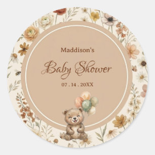 Terracotta Teddy Bear Boho Floral Baby Shower Classic Round Sticker