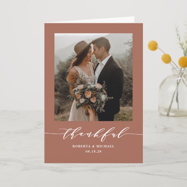 Terracotta Thankful Script Wedding Folded Thank You Card (Front)