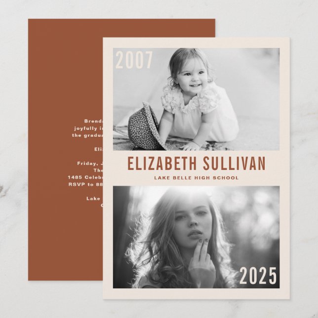 Terracotta Then and Now Photo Collage Graduation Invitation (Front/Back)
