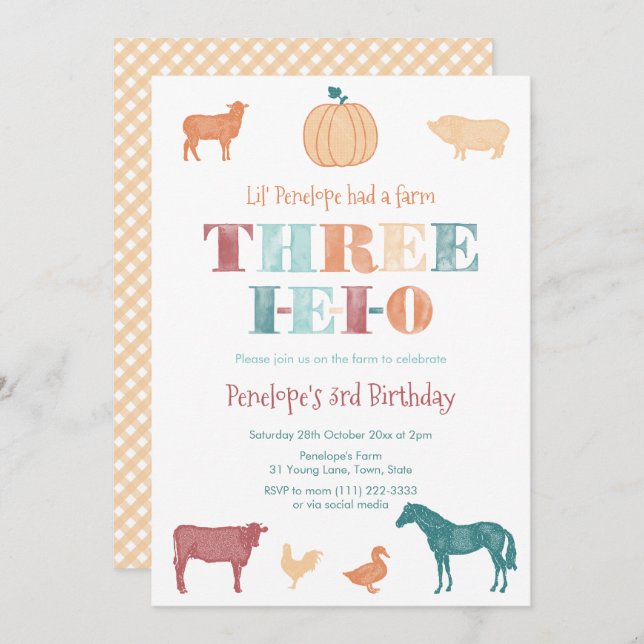 Terracotta Three IEIO Farm 3rd Birthday Party Invitation (Front/Back)