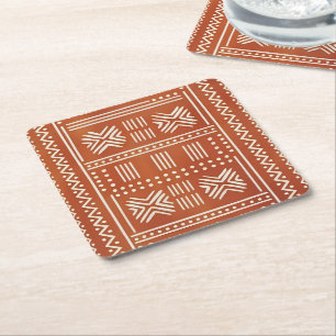 Terracotta Tribal Mudcloth Pattern Square Paper Coaster