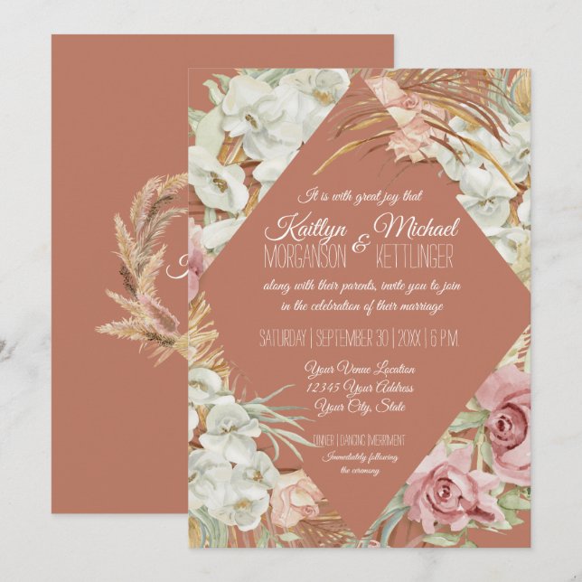 Terracotta Tropical Pampas Greenery Blush Floral Invitation (Front/Back)