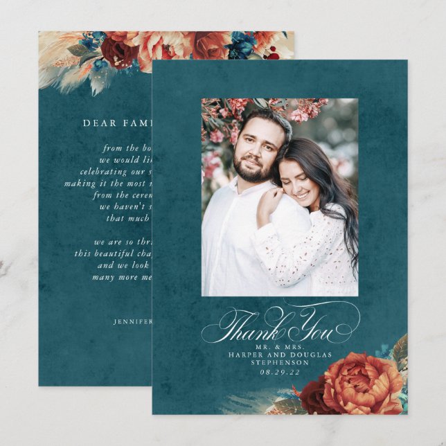 Terracotta Turquoise Mariage bleu Merci Photo (Devant / Derrière)
