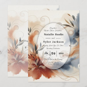 Terracotta Twilight and Navy Blooms Wedding Invitation