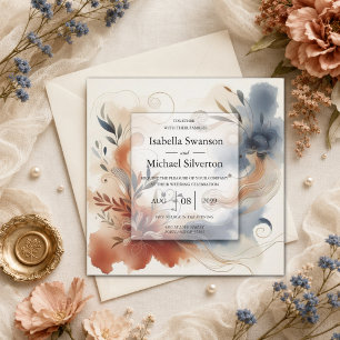 Terracotta Twilight and Navy Blooms Wedding Invitation