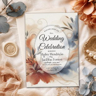 Terracotta Twilight and Navy Blooms Wedding Invitation