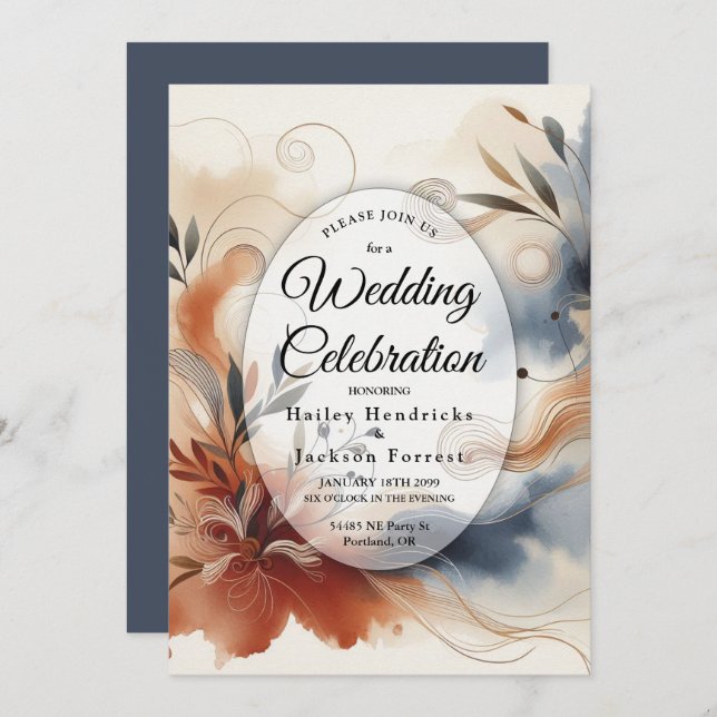 Terracotta Twilight and Navy Blooms Wedding Invitation (Front/Back)