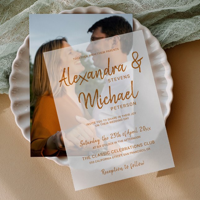 Terracotta typography script wedding overlay vellum invitations (Creator Uploaded)