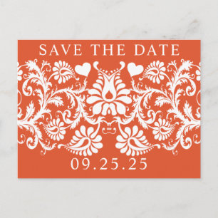 Terracotta Victorian Floral Damask Save the Date Announcement Postcard