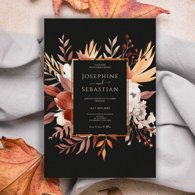 Terracotta Watercolor Black Fall Floral Wedding  Invitation (Creator Uploaded)