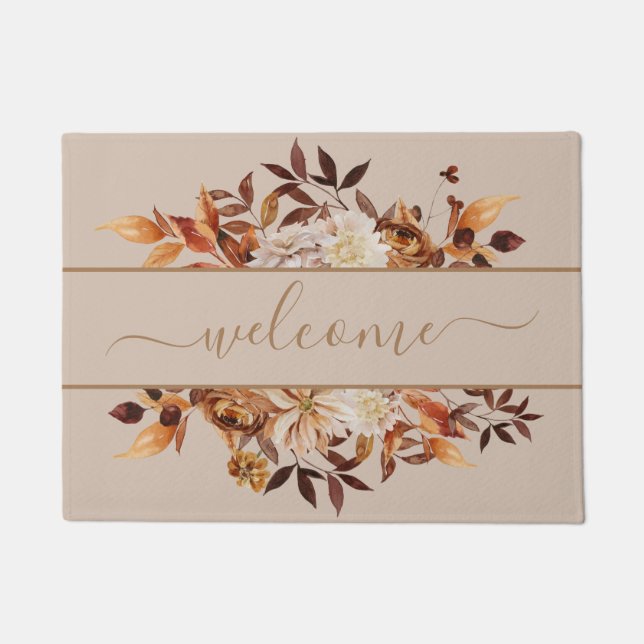 Terracotta Watercolor Fall Floral Leaves Welcome Doormat (Front)