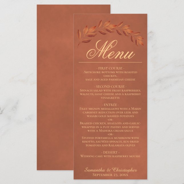 Terracotta Watercolor Feuilles Elégant menu de mar (Devant / Derrière)