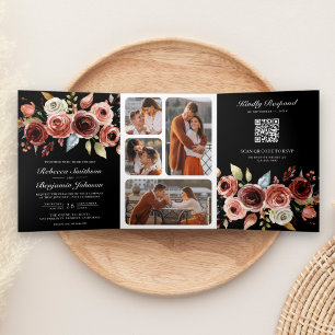 Terracotta Watercolor Floral QR Code Black Wedding Tri-Fold Invitation