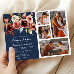 Terracotta Watercolor Floral QR Code Navy Wedding Invitation