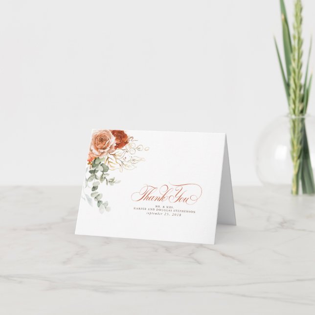 Terracotta Watercolor Flowers Boho Thank You (Front)