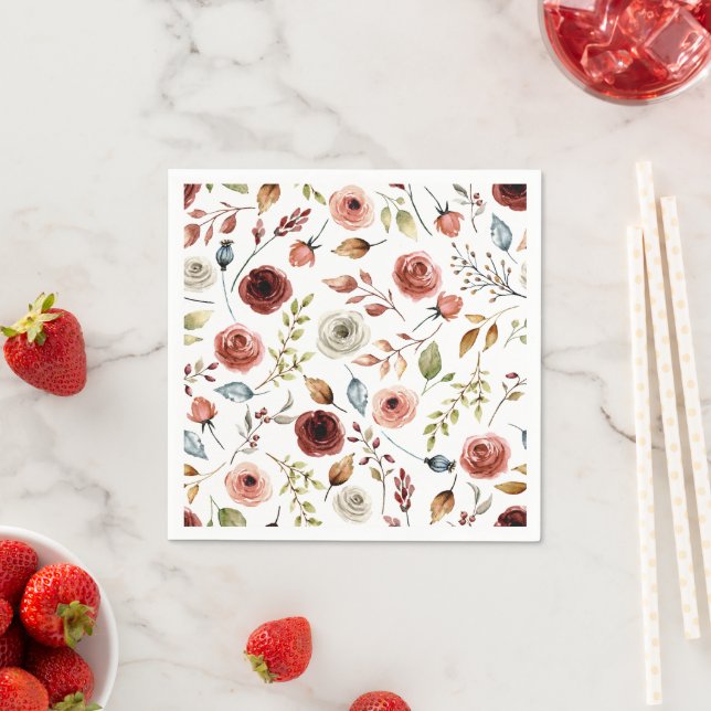 Terracotta Watercolor Flowers Pattern  Napkin (Insitu)
