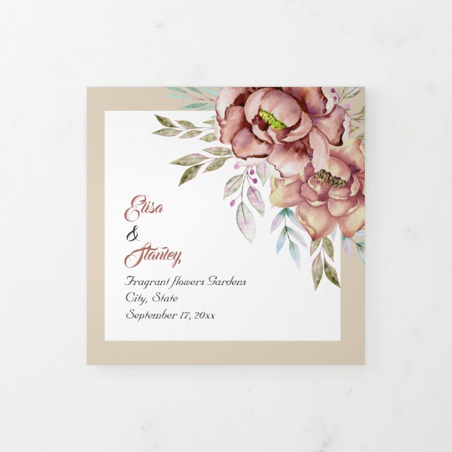 Terracotta watercolor flowers wedding photo Tri-Fold programme (Cover)
