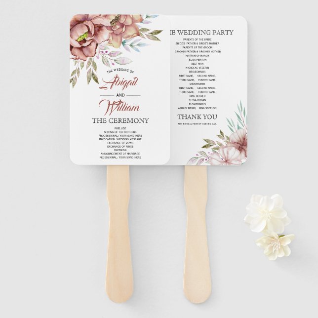 Terracotta watercolor flowers wedding program hand fan (Front and Back)