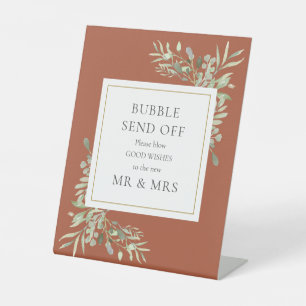 Terracotta Watercolor Greenery Bubble Send Off Pedestal Sign