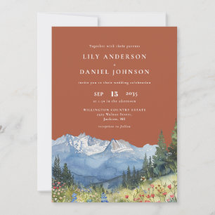 Terracotta Watercolor Mountain QR Code Wedding Invitation