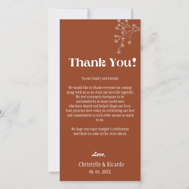 Terracotta wedding place setting thank you card  (Front)
