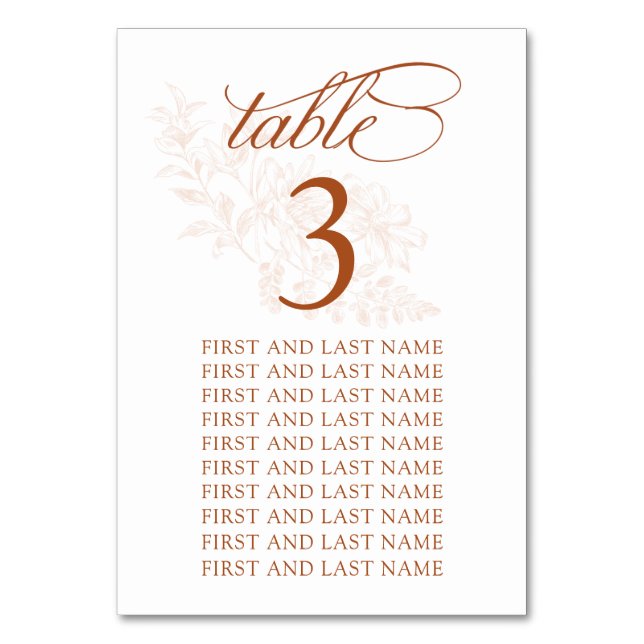 Terracotta Wedding Table Number Card (Front)