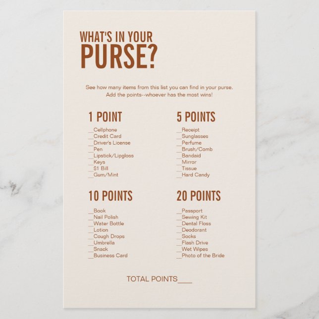 Terracotta What's In Your Purse Bridal Shower Game (Front)
