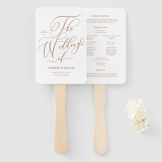Terracotta Whimsical Calligraphy Wedding Programs Hand Fan (Front and Back)