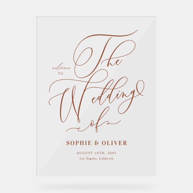 Terracotta Whimsical Calligraphy Wedding Welcome Acrylic Sign (Front)
