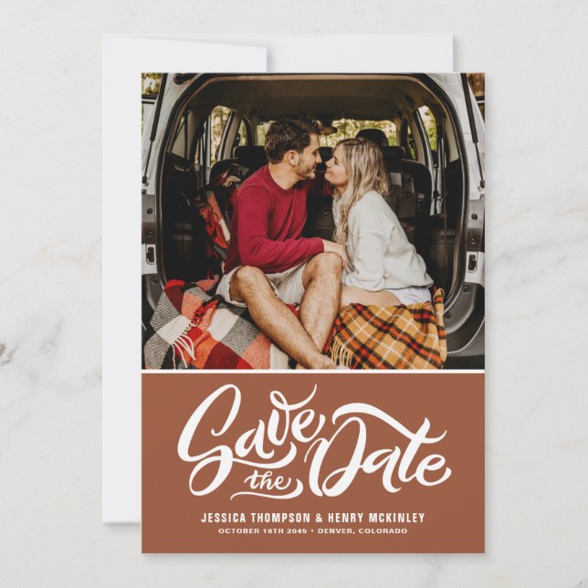 Terracotta Whimsical Hand Lettered Photo Overlay Save The Date (Front)