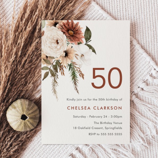 Terracotta & White Boho Floral 50th Birthday Party Invitation (Creator Uploaded)