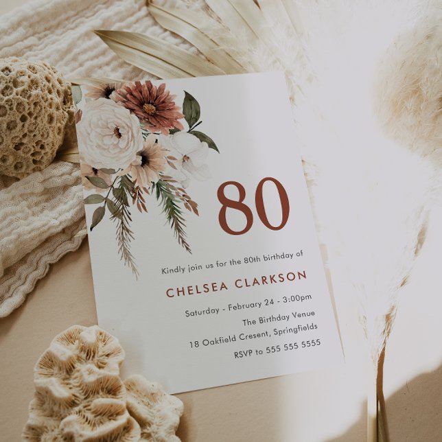 Terracotta & White Boho Floral 80th Birthday Party Invitation (Creator Uploaded)