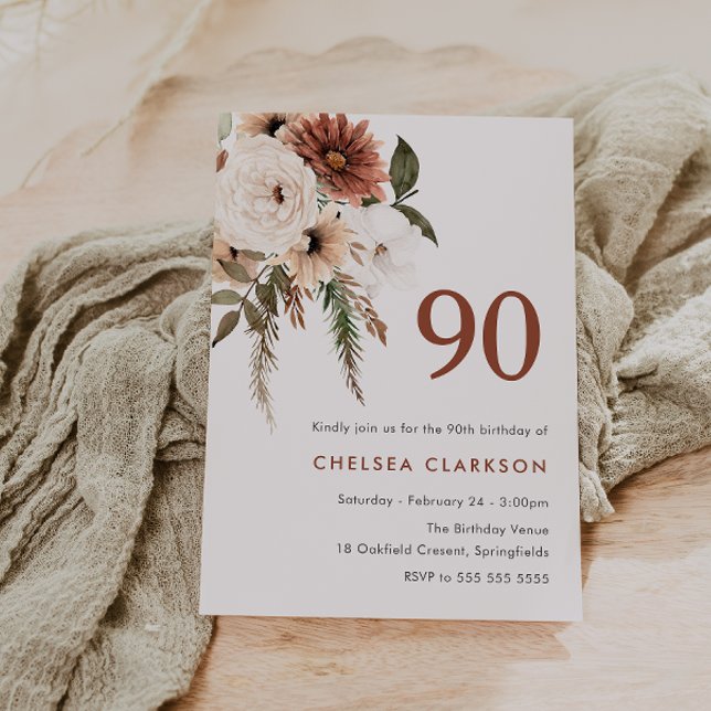 Terracotta & White Boho Floral 90th Birthday Party Invitation (Creator Uploaded)