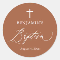 Terracotta White Cross Boy Baptism Round Sticker