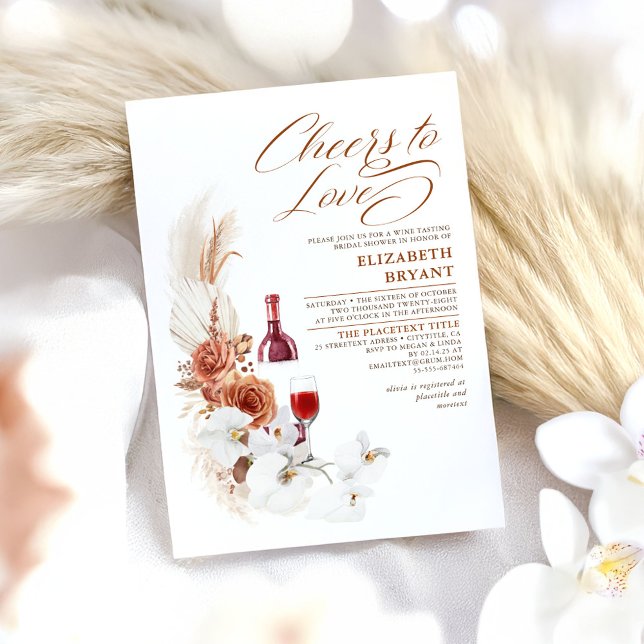 Terracotta White Floral Wine Tasting Bridal Shower Invitation (Boho Bridal Shower Cheers to Love)