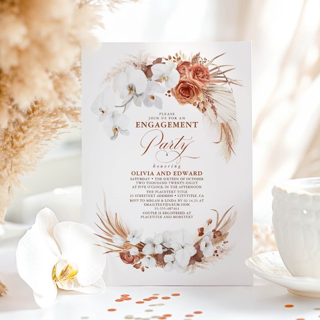 Terracotta White Flower Boho Chic Engagement Party Invitation (Floral Boho Terracotta Engagement Party Invitations)