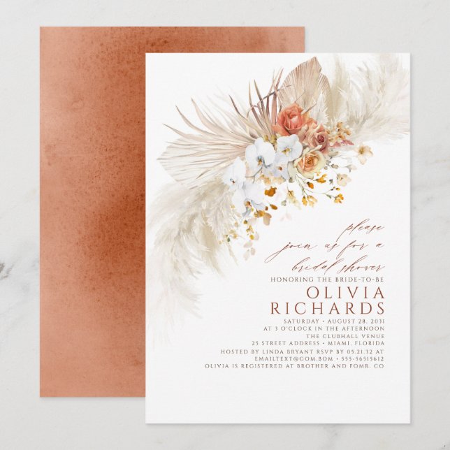 Terracotta White Flowers Boho Bridal Shower Invitation (Front/Back)