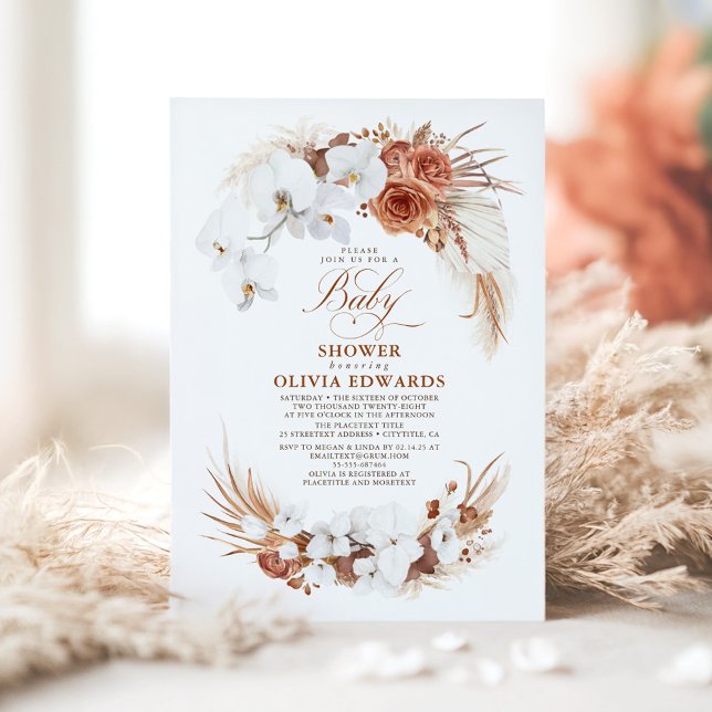 Terracotta White Flowers Boho Chic Baby Shower Invitation (Floral Baby Shower Invitation)