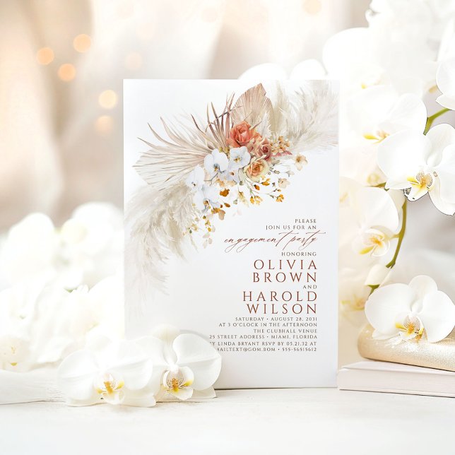 Terracotta White Flowers Boho Engagement Party Invitation (White Orchids Terracotta Engagement Party Invitations)